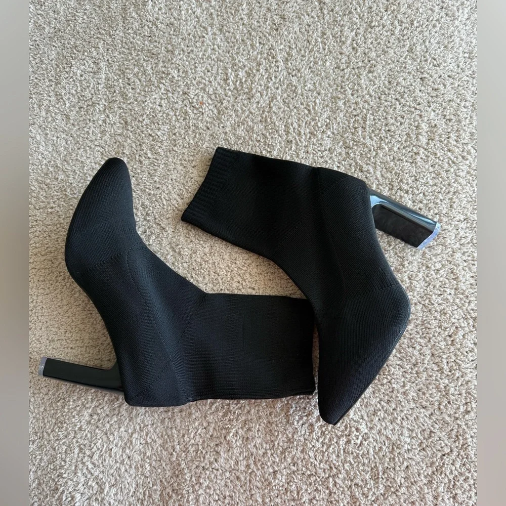 Women's Thick Heel Knit Sock Boots, Pointed Toe Short Booties - Picture 2 of 8